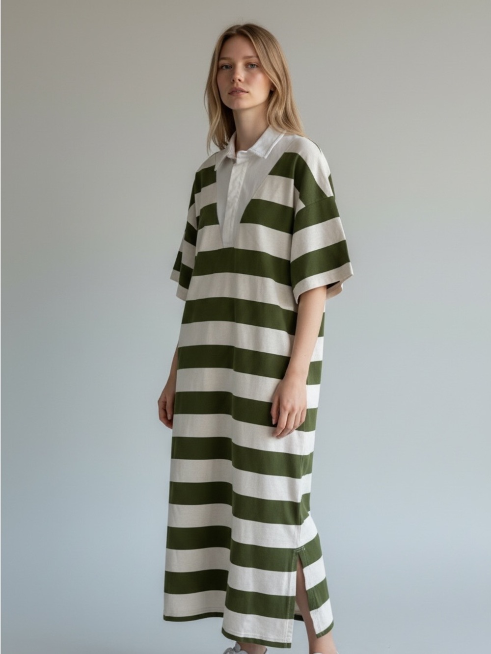 Anthropologie Daily Practice Rugby Maxi Polo Dress SP Olive White Stripe comfy